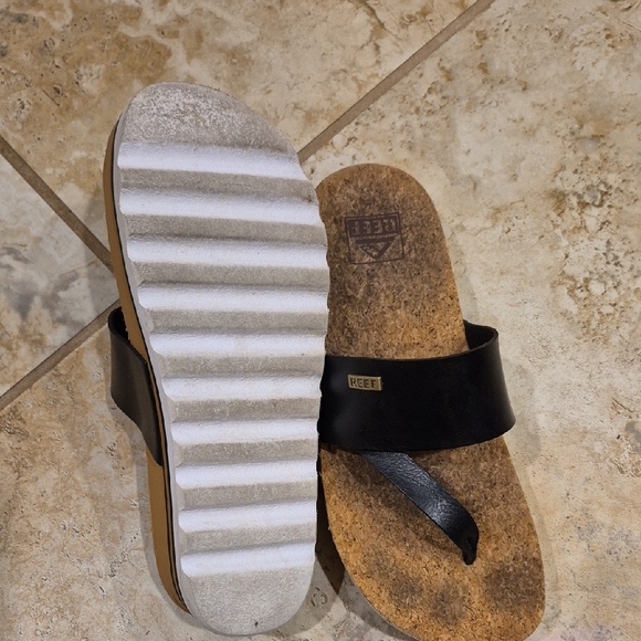 Reef Black Leather Sandals with Cork Footbed - Picture 3 of 6